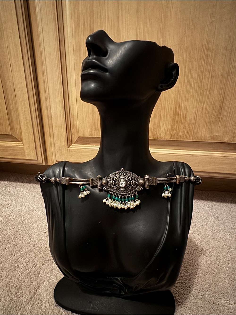 Ornate Filigree Choker Necklace with Green and Cream Beads